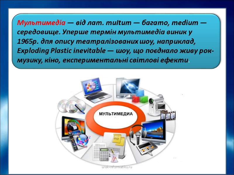 Мультимедіа — від лат. muItum — багато, medium — середовище. Уперше термін мультимедіа виник